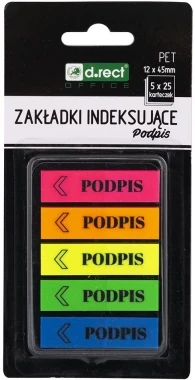 Zakładki samoprzylepne D.Rect, z nadrukiem "podpis", indeksujące, folia PET, 12x45mm, 5x25 sztuk, mix kolorów neonowych