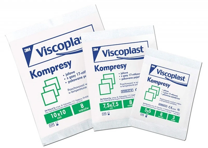 Jałowe kompresy gazowe Viscoplast, bawełniane, 17-nitkowe, 8 warstw, 5x5cm, 3 sztuki