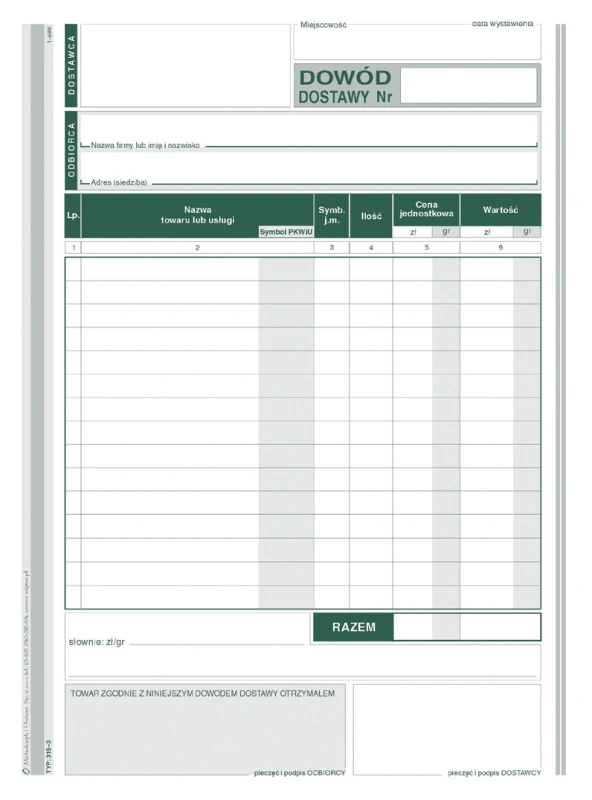 Druk akcydensowy Dowód dostawy MiP 315-3, A5, wielokopia, 80k