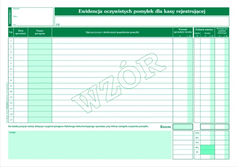 Druk akcydensowy Typograf, Ewidencja oczywistych pomyłek dla kasy rejestrującej, A4, 50k