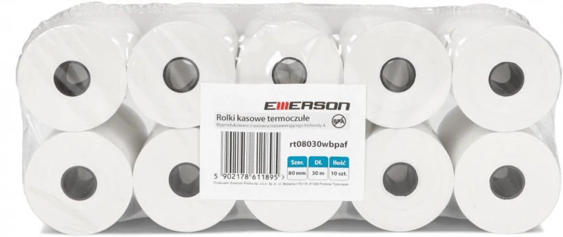 Rolka papierowa termiczna Emerson, 80mm x 30m, 50+/- 6g/m2, BPA Free, 10 sztuk, biały