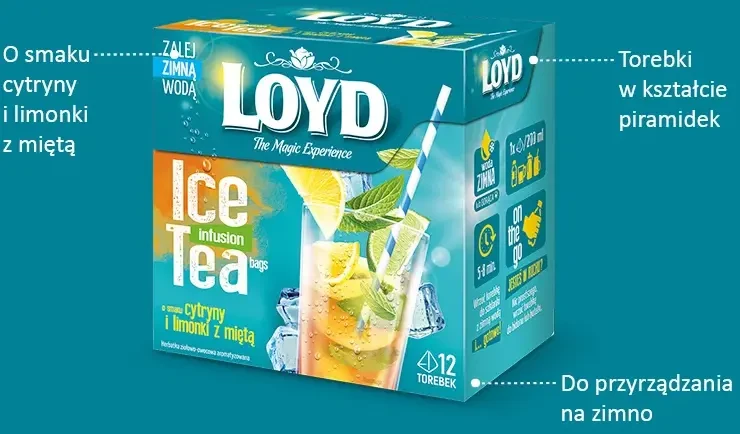 Herbata owocowo-ziołowa w piramidkach Loyd Ice Tea, cytryna/limonka/mięta, 12 sztuk x 2.5g