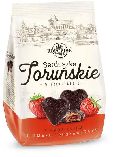 Pierniki Kopernik Serca Toruńskie, truskawkowy, w czekoladzie, 150g