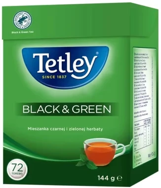 Herbata czarna/zielona w torebkach Tetley Black &amp; Green, 72 sztuki x 2g