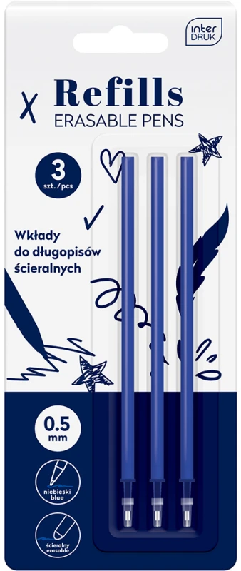 Wkłady do długopisów ścieralnych Interdruk BEBE, 0.5mm, 3 sztuki, niebieski