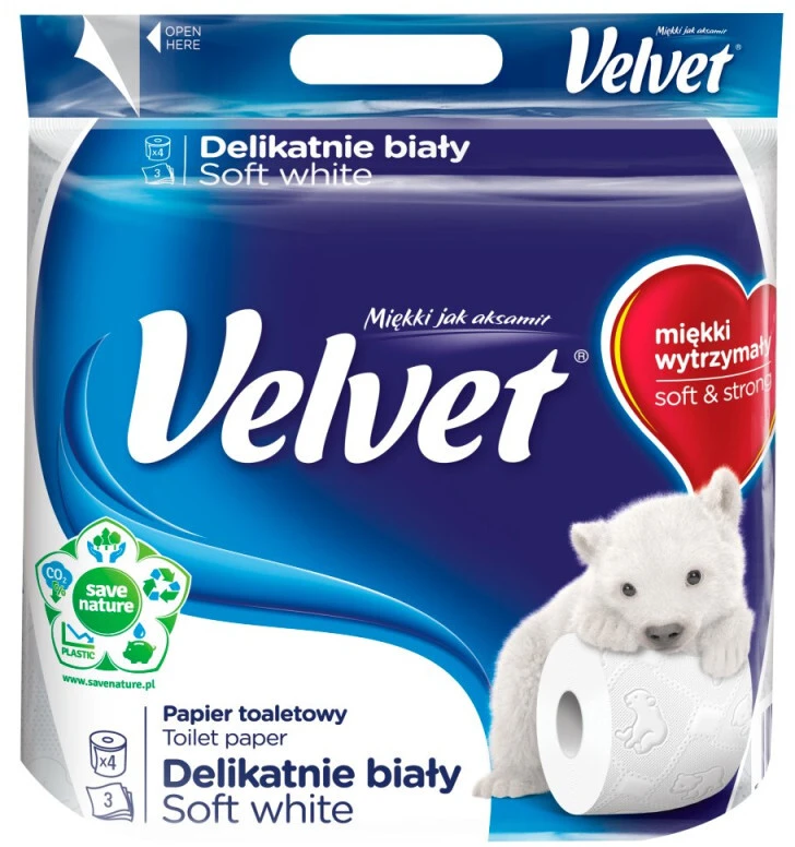 papier toaletowy Velvet, 3-warstwowy, 4 rolki, delikatnie biały