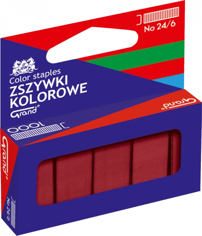 Zszywki kolorowe Grand, 24/6, 1000 sztuk, czerwony