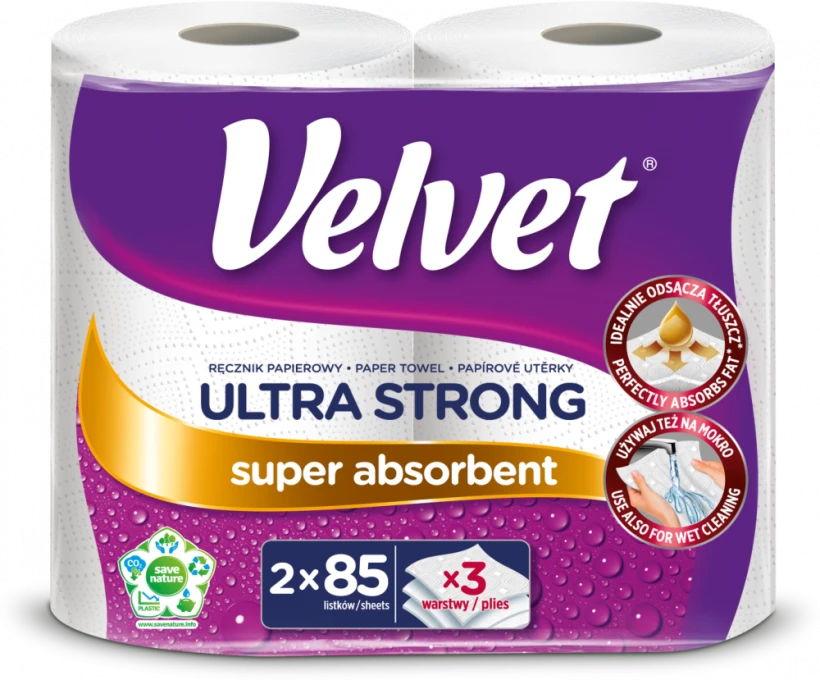 	 Ręcznik papierowy Velvet Ultra Strong, 3-warstwowy, w roli, 2 rolki, biały