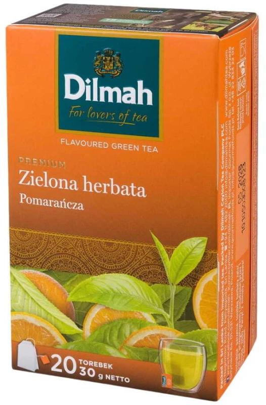 	 Herbata zielona smakowa w torebkach Dilmah, Green Tea with Orange, pomarańcza, 20 sztuk x 1.5g