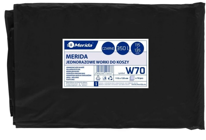 Worki na śmieci Merida W70, LDPE, 350l, 115x135cm, 10 sztuk, czarny