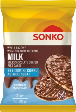 Wafle ryżowe Sonko, w czekoladzie mlecznej, bez dodatku cukru, 2 sztuki, 30g