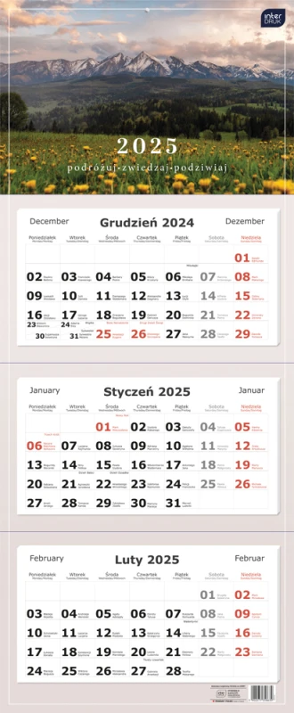 Kalendarz ścienny 2025, Interdruk, trójdzielny, 825x340mm, góry