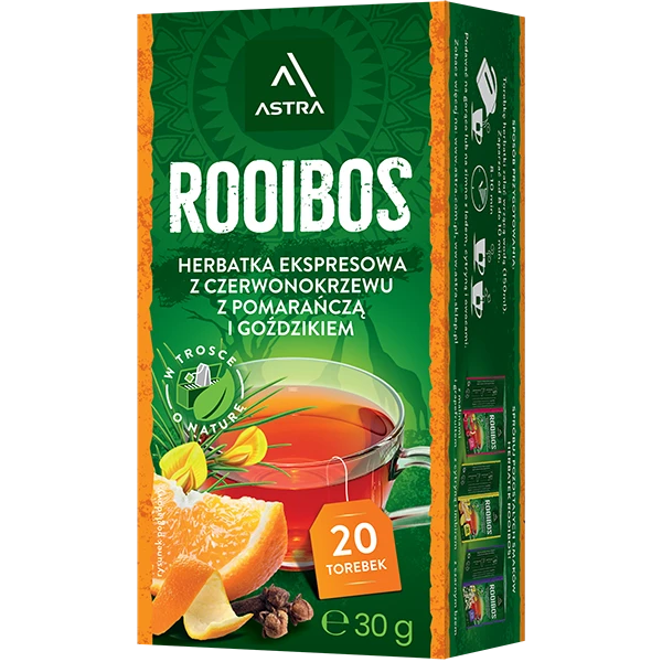 Herbata Rooibos w torebkach Astra, pomarańcza i goździk, 20 sztuk x 1.5g