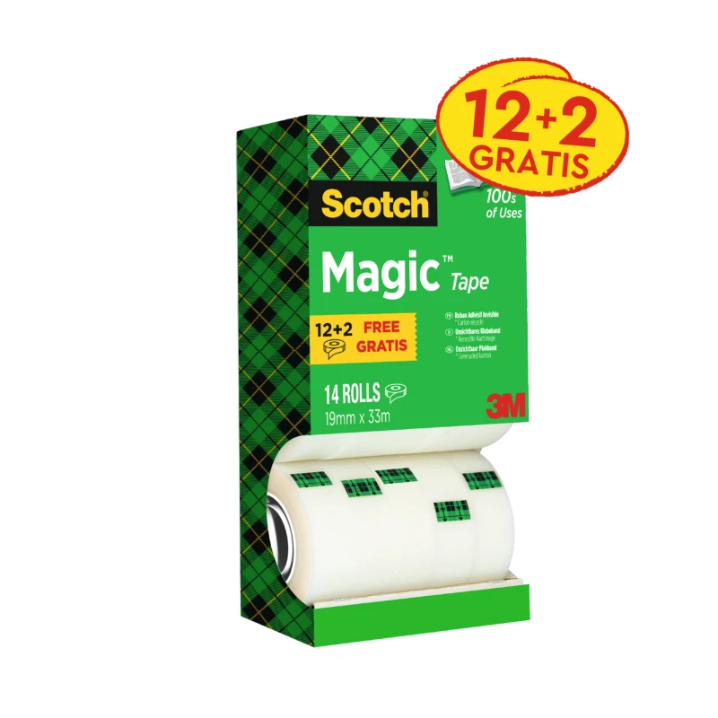 Taśma klejąca Scotch Magic (8-1933R14 TPR), 19mmx33m, 12 sztuk + 2rolki GRATIS, przezroczysty matowy