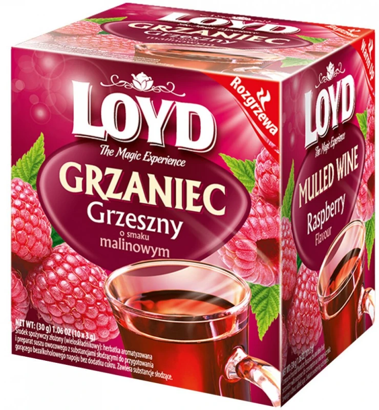 Herbata czarna aromatyzowana w kopertach Loyd Grzaniec Grzeszny, malinowy, 10 sztuk x 3g