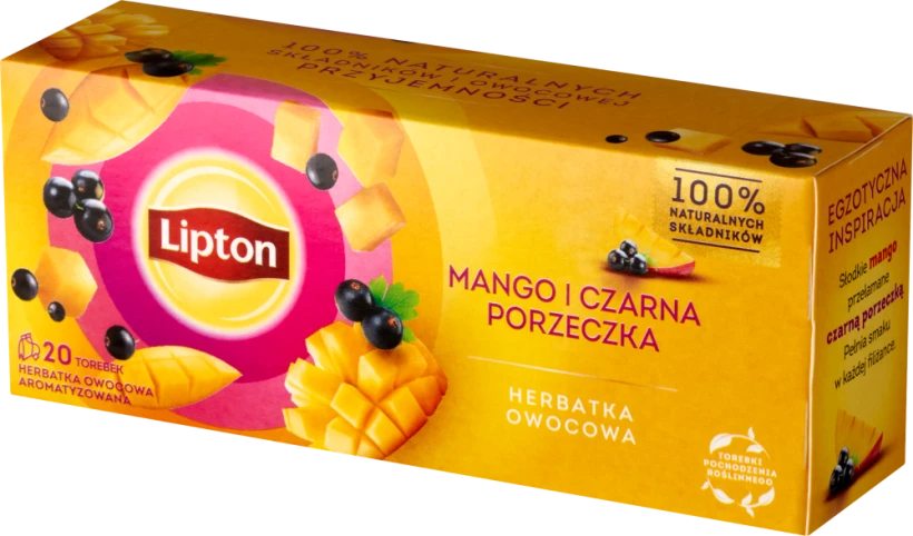 Herbata owocowa w torebkach Lipton, mango i czarna porzeczka, 20 sztuk x 1.7g