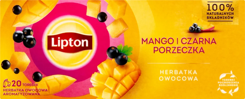 Herbata owocowa w torebkach Lipton, mango i czarna porzeczka, 20 sztuk x 1.7g