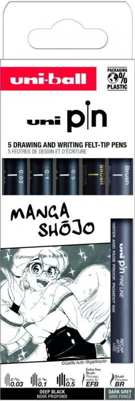 Zestaw cienkopisów kreślarskich Uni PIN-200 Manga Shojo, 5 sztuk, czarny/szary