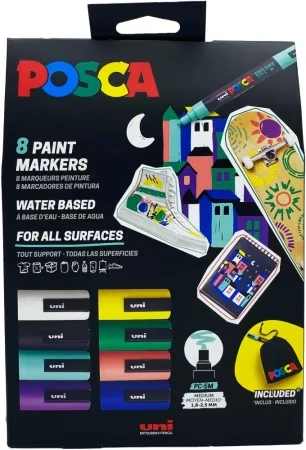 Markery Posca zestaw Uni PC-5M, okrągła, 8 sztuk + torba, mix kolorów