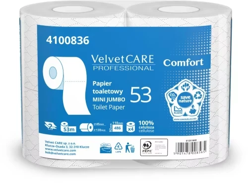 Papier toaletowy Velvet Care Professional Mini Jumbo Comfort, 2-warstwowy, 53m, 4 rolki, biały