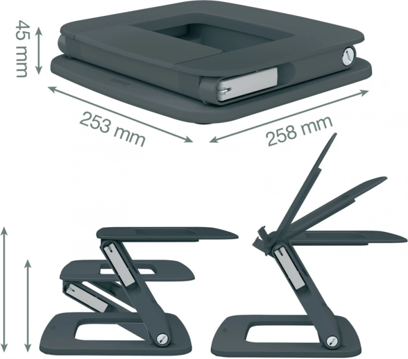 Podstawka pod laptopa Leitz Ergo, 80% plastiku z recyklingu, 258x45x253mm, ciemnoszary