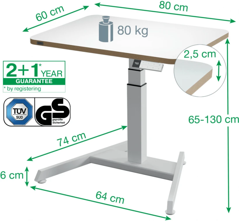 Biurko Leitz Ergo, z elektryczną regulacją wysokości, 600x650x800mm, biały