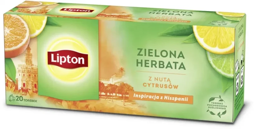 Herbata zielona smakowa w torebkach Lipton Green Tea Citrus, z nutą cytrusów, 20 sztuk x 1.3g