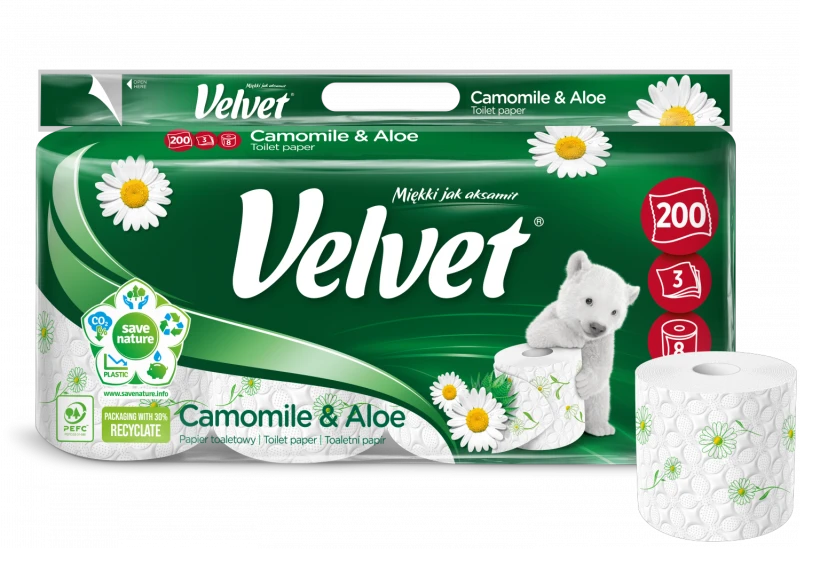 apier toaletowy Velvet Camomile &amp; Aloe, 3-warstwowy, 8+2 rolek, 25m, biały