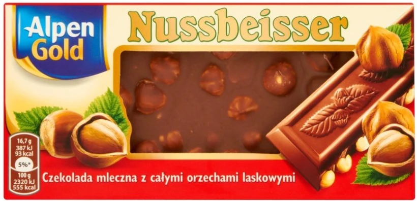 Czekolada mleczna z okienkiem Alpen Gold, Nussbeisser, 100g   Nussbeisser czekolada mleczna Alpen Gold, 100g