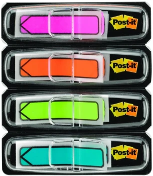 Zakładki samoprzylepne Post-it proste, z nadrukiem strzałki, indeksujące, folia, 12x43mm, 4x24 sztuki neonowe