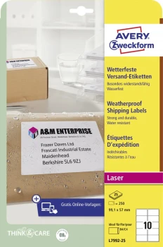 Etykiety wysyłkowe wodoodporne Avery Zweckform, 99,1x57mm, 25 arkuszy, biały