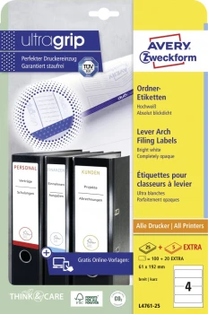 Etykiety do segregatorów Avery Zweckform, samoprzylepne, szerokie, 61x192mm, 25 arkuszy + 5 gratis, biały