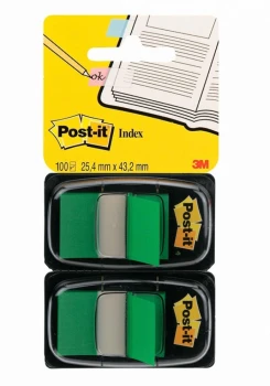 Zakładki samoprzylepne Post-it proste, indeksujące, folia, półtransparentne, 25x43mm, 2x50 sztuk, zielony