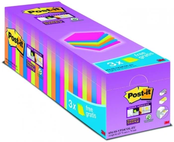Notes samoprzylepny Post-It Super Sticky (654-SS-VP24COL), 76x76mm, 24 (21+3 gratis) x 90 karteczek, mix kolorów
