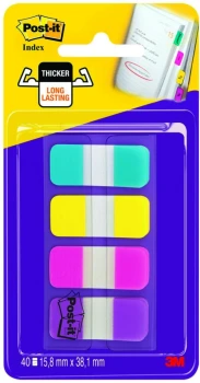 Zakładki samoprzylepne Post-it (676-AYPV), proste, indeksujące, PP, silne, 15.88x38.1mm, 4x10 sztuk, mix kolorów