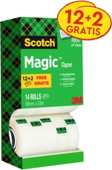 Taśma klejąca Scotch Magic (8-1933R14 TPR), 19mmx33m, 12 sztuk + 2rolki GRATIS, przezroczysty matowy