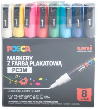 Marker z farbą plakatową Uni Posca PC-3M, okrągła, 8 sztuk, mix kolorów