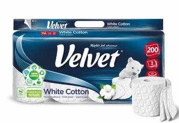 Papier toaletowy Velvet White Cotton, 3-warstwowy, 8+2 rolek, 25m, biały