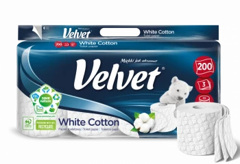 Papier toaletowy Velvet White Cotton, 3-warstwowy, 8 rolek, 25m, biały