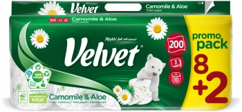 Papier toaletowy Velvet Camomile & Aloe, 3-warstwowy, 8+2 rolek, 25m, biały