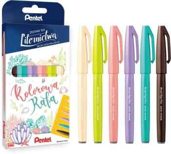 Pisaki pędzelkowe do kaligrafii i liternictwa Pentel Brush Sign Pen SES15C Kolorowa Rafa, 6 sztuk, mix kolorów