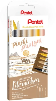 Pisaki do kaligrafii i liternictwa Pentel Brush Sign Pen Twin SESW30C Piaski Pustyni, dwustronne, 6 sztuk, mix kolorów