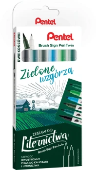 Pisaki do kaligrafii i liternictwa Pentel Brush Sign Pen Twin SESW30C Zielone Wzgórza, dwustronne, 6 sztuk, mix kolorów