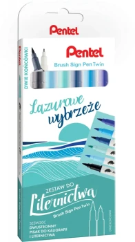 Pisaki do kaligrafii i liternictwa Pentel Brush Sign Pen Twin SESW30C Lazurowe Wybrzeże, dwustronne, 6 sztuk, mix kolorów