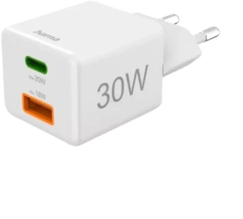 Ładowarka do telefonu Hama Mini, Power Delivery Quick Charge, USB-C/USB-A, 30W, biały