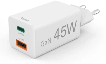 Ładowarka do telefonu Hama Mini, Power Delivery Quick Charge, GaN, USB-C/USB-A, 45W, biały