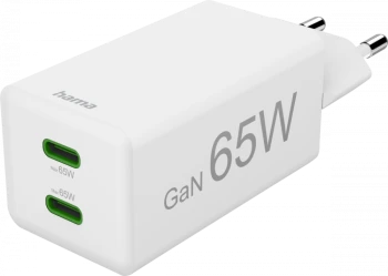 Ładowarka do telefonu Hama Mini, Power Delivery Quick Charge, GaN, 2xUSB-C, 65W, biały