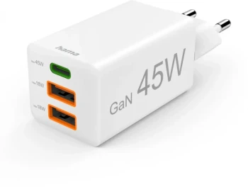 Ładowarka do telefonu Hama Mini, Power Delivery Quick Charge, GaN, USB-C/2 x USB-A, 45W, biały