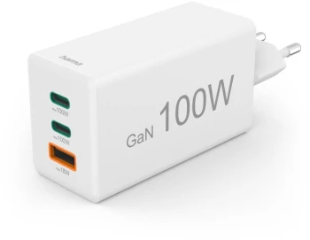 Ładowarka do telefonu Hama Mini, Power Delivery Quick Charge, GaN, 2xUSB-C/USB-A, 100W, biały