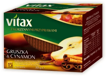 Outlet: Herbata owocowo-ziołowa w kopertach Vitax z korzennymi przyprawami, gruszka i cynamon, 15 sztuk x 2g